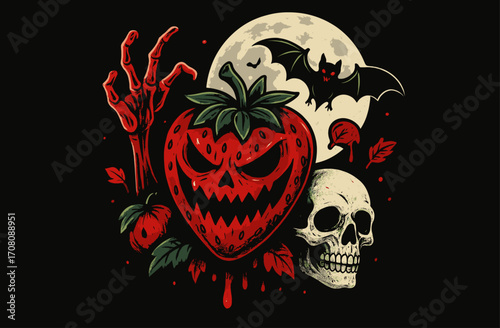 Dark Halloween illustration featuring a scary strawberry jack o’lantern, creepy skeleton skull, bloody zombie hand, flying bat with full moon, autumn leaves, dripping blood horror artwork.