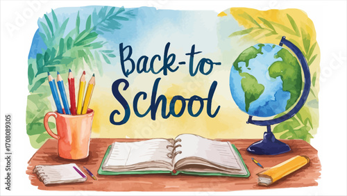 Back to school supplies globe open book pencils stationery education scene