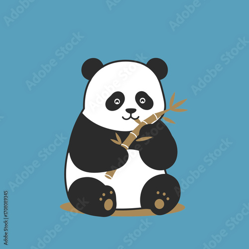 2D vector cartoon panda eating bamboo, flat colors, minimal details