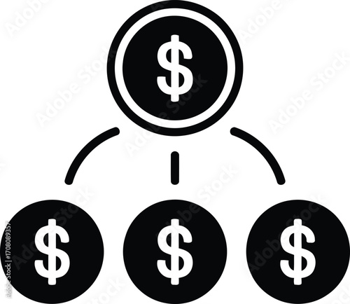 Centralized Monetary Distribution Visual Depicting Allocation and Resource Division Featuring Money Coins in a Graphical Representation of Wealth Dispersal and Income Diversification