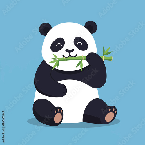 2D vector cartoon panda eating bamboo, flat colors, minimal details