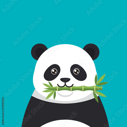 2D vector cartoon panda eating bamboo, flat colors, minimal details