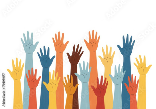 Diverse group of raised hands in various bright colors