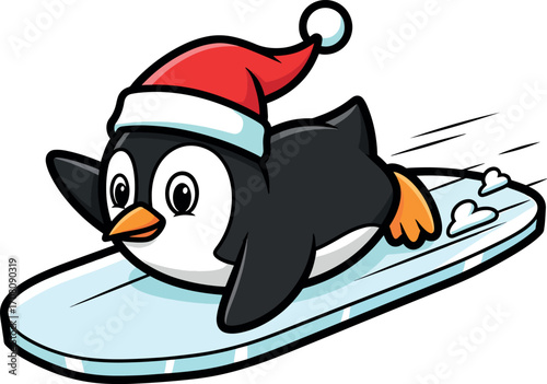 Christmas Penguin Surfing on an Iceboard