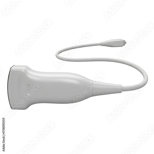 White ultrasound transducer isolated on white background for medical use