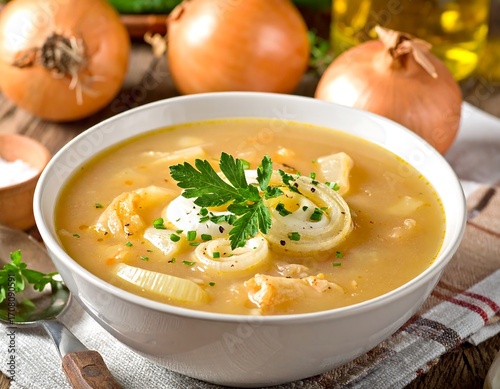 Creamy onion soup in a bowl