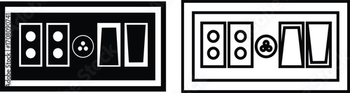Electric Switchboard Icon Set in Black Color Flat and Line Style Circuit Panel Vector Electrical Board Symbol Collection Power Control System Interface