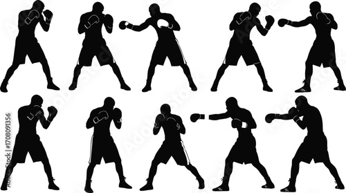Silhouettes of male boxers in various fighting poses, throwing punches and defending, isolated on white background, perfect for sports and boxing concepts.