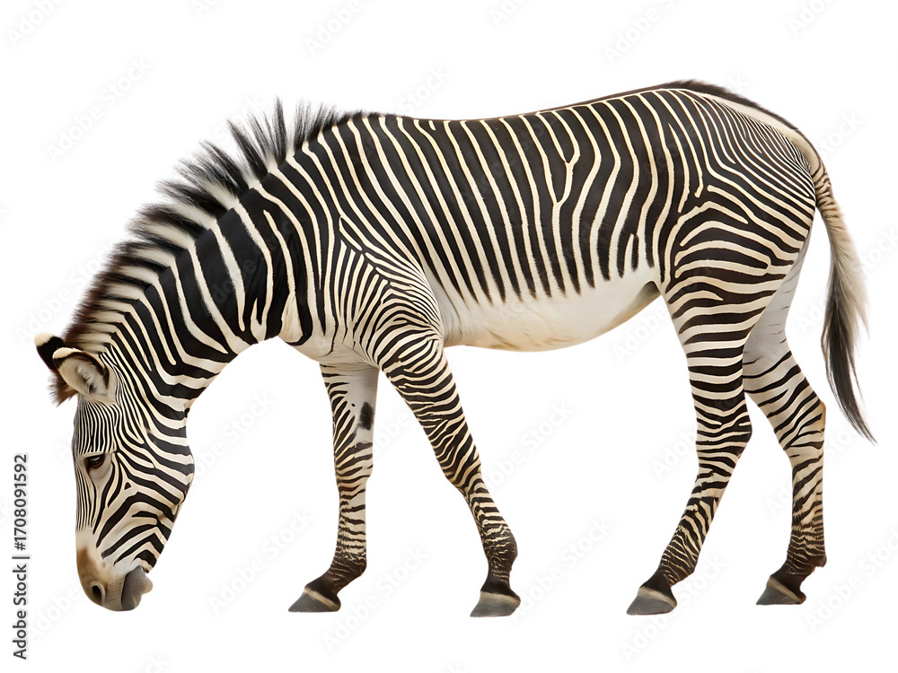 Fototapeta premium Striking Zebra Grazing Isolated , isolated on transparent background