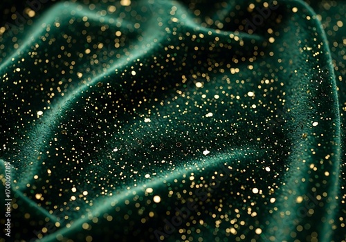 Closeup of dark green velvet fabric with gold glitter