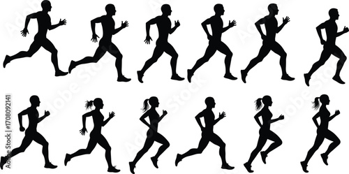 Wallpaper Mural Silhouettes of man and woman running in various dynamic motion poses, jogging exercise, fitness activity, healthy lifestyle, isolated on white background, athletic movement concept. Torontodigital.ca