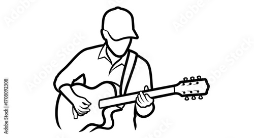 Acoustic guitar performance with faceless musician artfully sketched for music lovers and creative design