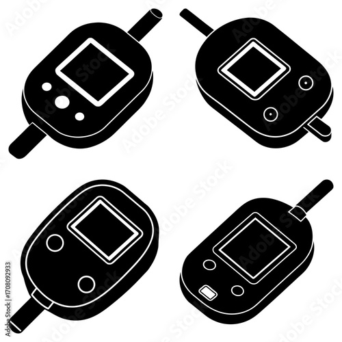 Four black and white glucometers arranged in a square pattern on a white background in a simple style