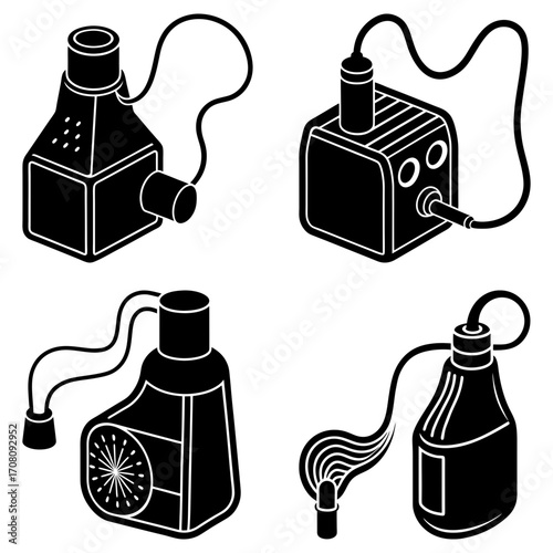Four black and white illustrations of different vaporizer designs with connected tubes and mouthpieces