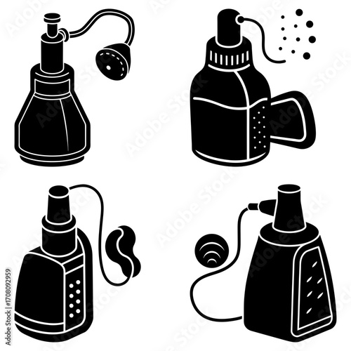 Collection of four different perfume bottles with atomizers in black and white vector illustration