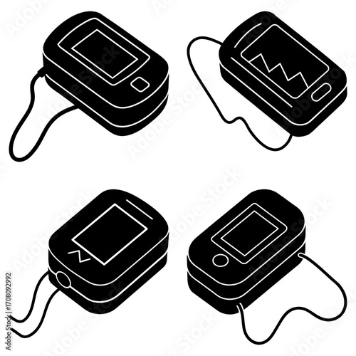 Isometric illustration showcasing four pulse oximeters with varying screen displays and attached cords