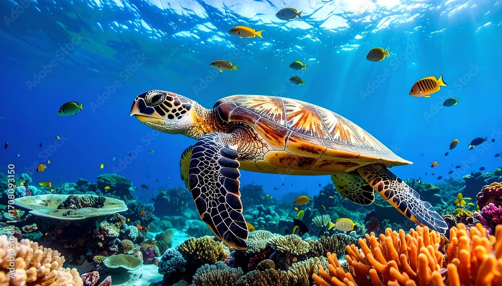 Obraz premium Turtle swims ocean reef fish