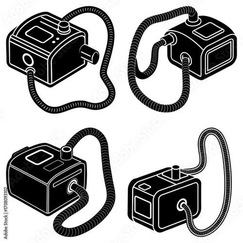 Four cpap machines with attached tubes in a black and white isometric illustration style format image