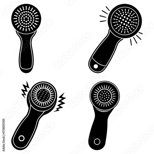 Four black and white illustrations of handheld massage devices with circular textured heads and handles