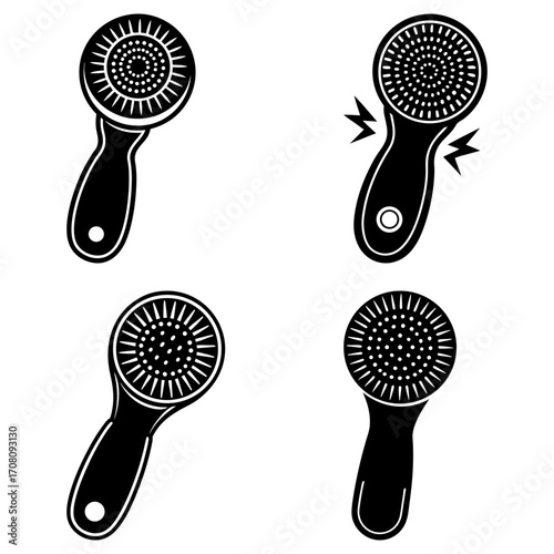 Four illustrations of handheld facial cleansing brushes with circular brush heads and ergonomic handles