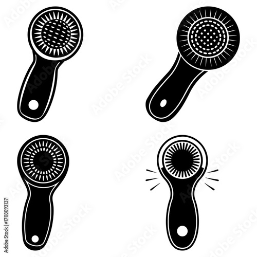 Four illustrations of black handheld facial cleansing brushes with circular brush heads shown together