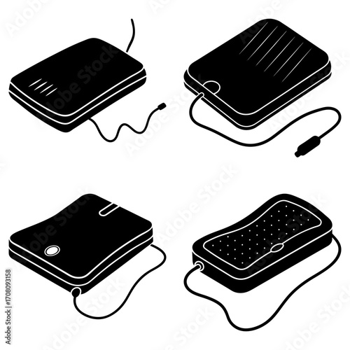 Four isometric views of black external hard drives with cables on a white background illustration