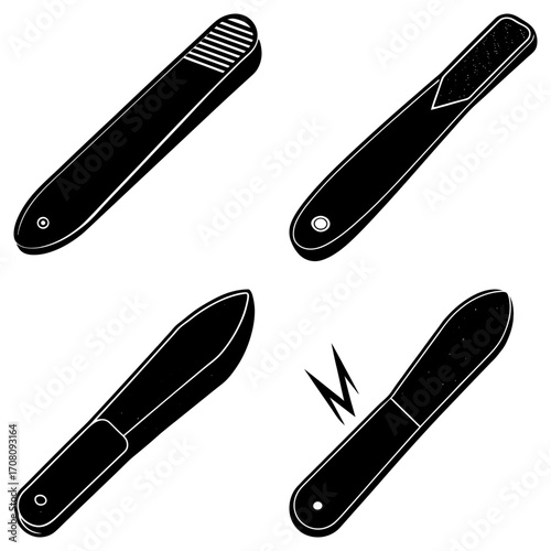 Illustration showing four black nail files with different filing surfaces and handle designs on white