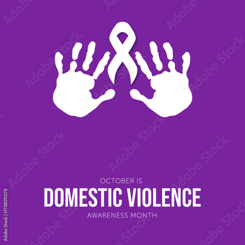 October Domestic Violence Awareness Month Poster with Purple Ribbon and Raised Fists. Banner poster, flyer and background design template