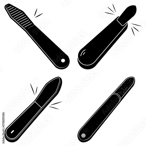 A set of four black and white nail files in various shapes and textures displayed on a white background
