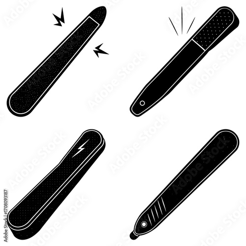 A set of four black and white illustrations depicting different styles of nail files on a white background