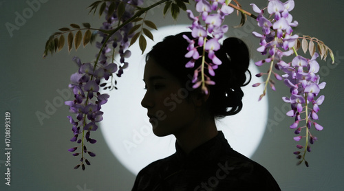 Wisteria flower silhouette, drooping bouquet, minimalist white space