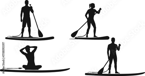 Silhouettes of men and women paddleboarding in different poses on calm water, outdoor sport activity, stand-up paddleboarding exercise, summer fitness, balanced water adventure.