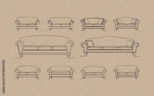 Collection of vintage sofa and armchair line drawings