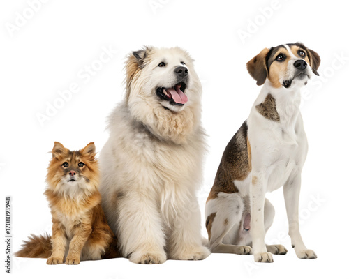 Three dogs posing together on white background, isolated on transparent background