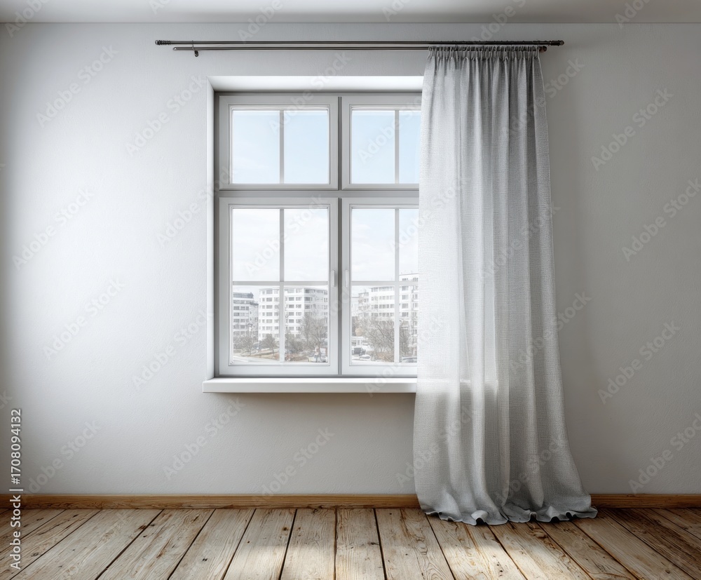 Fototapeta premium Empty room with a window featuring light gray curtains, showcasing a cityscape view.