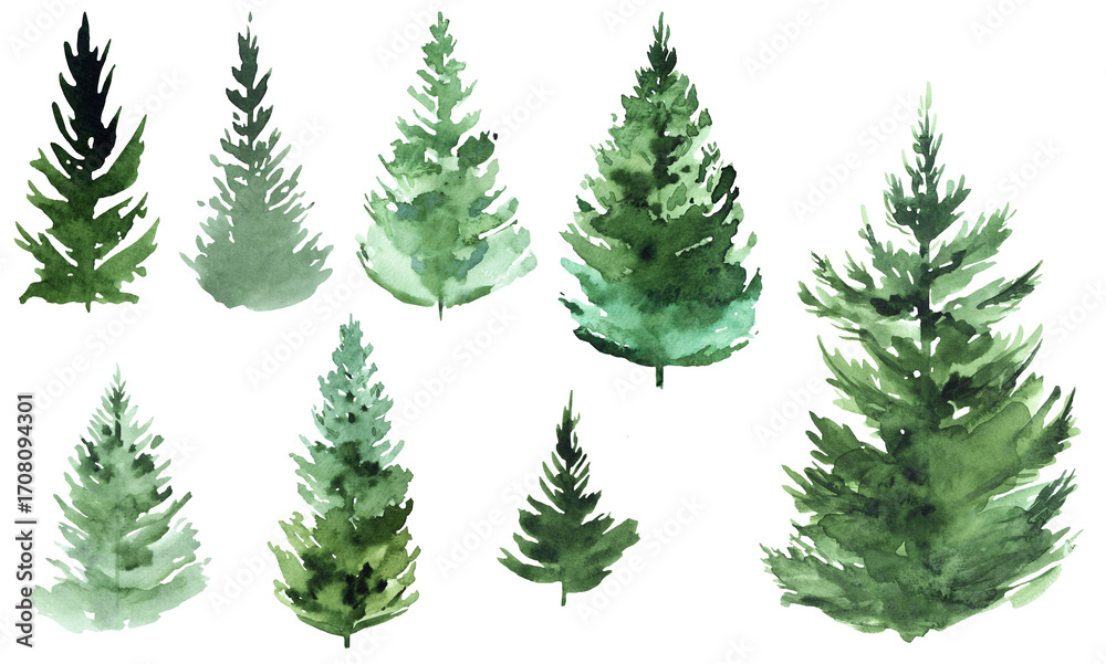 Obraz premium Hand drawn watercolor green spruce or pine trees, isolated illustration for winter stationery