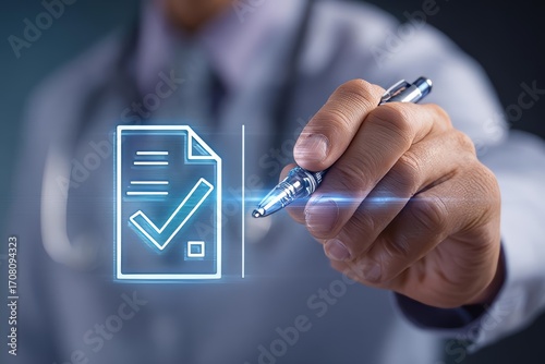 A professional in a lab coat marks a checklist with a glowing pen showcasing organization and efficiency in work