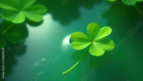 Emerald liquid, four-leaf clover floats gently, subtle ripples , isolated, serenity