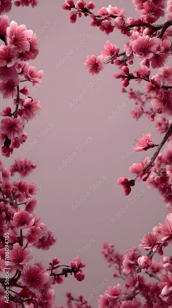 Naklejka premium Cherry Blossom Beauty: Delicately framed by blossoming cherry tree branches, a vibrant display of soft pink petals against a muted background creating a peaceful serene ambiance.