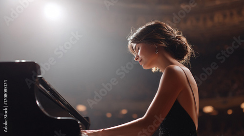 Elegant woman playing piano on stage, bathed in light. Evokes passion, skill, artistry. Ideal for music, performance, or entertainment themes.
