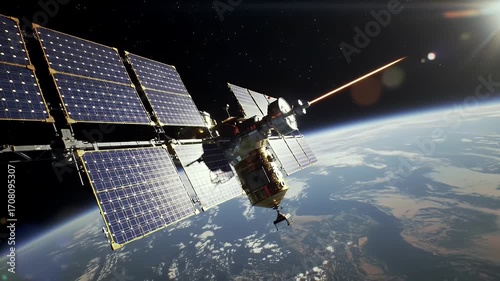 Satellite Orbiting Earth With Bright Sun Solar Panels and Laser Beam