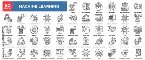 Machine Learning icon set with 50 outline vector icons. Includes artificial intelligence, ai, machine learning, neural network, deep learning, data mining, automation