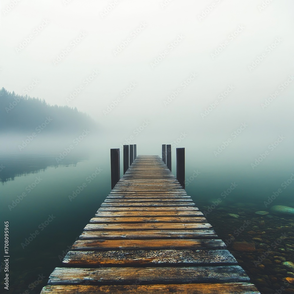 Fototapeta premium Serene Morning at the Foggy Lake Tranquil Waters, Peaceful Wooden Pier, and Lush Green Surroundings