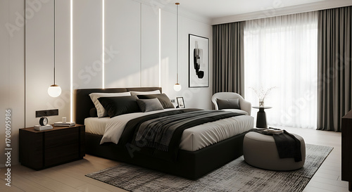 Elegant and modern bedroom interior with luxurious dark furniture and soft ambient lighting