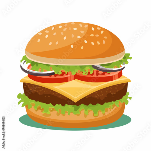 Ein saftiger Burger mit Rindfleisch-Patty, geschmolzenem Käse, Tomaten, Salat und Sesambrötchen,