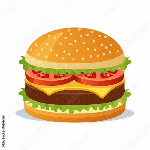 Ein saftiger Burger mit Rindfleisch-Patty, geschmolzenem Käse, Tomaten, Salat und Sesambrötchen,