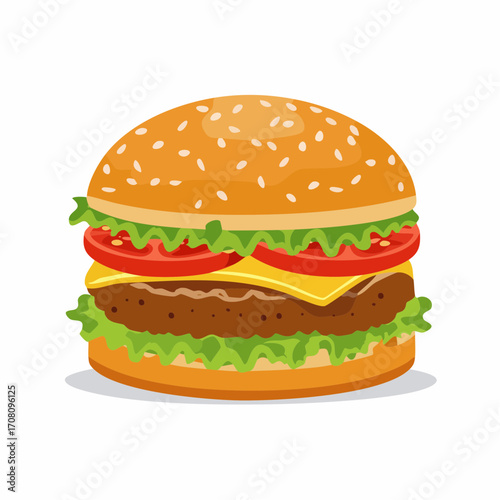 Ein saftiger Burger mit Rindfleisch-Patty, geschmolzenem Käse, Tomaten, Salat und Sesambrötchen,