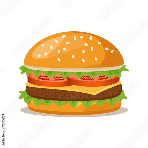 Ein saftiger Burger mit Rindfleisch-Patty, geschmolzenem Käse, Tomaten, Salat und Sesambrötchen,