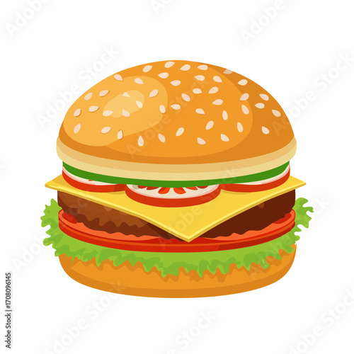 Ein saftiger Burger mit Rindfleisch-Patty, geschmolzenem Käse, Tomaten, Salat und Sesambrötchen,