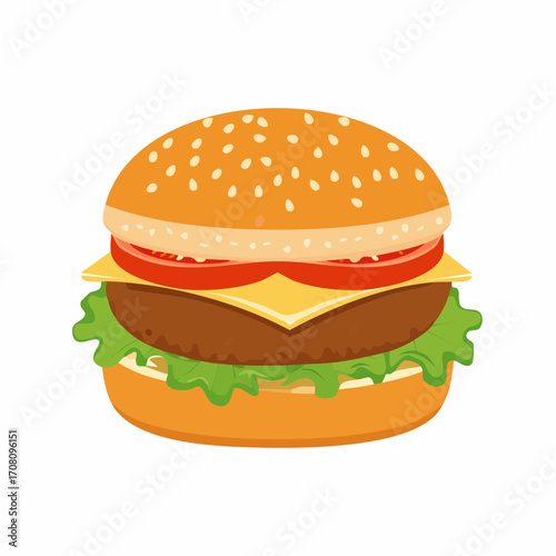 Ein saftiger Burger mit Rindfleisch-Patty, geschmolzenem Käse, Tomaten, Salat und Sesambrötchen,